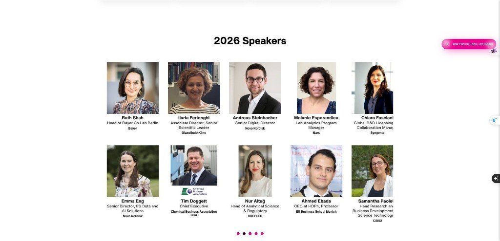 Prof. Dr. Ahmed Ebada listed as a 2026 speaker at Future Labs Live alongside industry leaders from Bayer, GSK, Novo Nordisk, Mars, and Syngenta